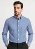 A blue and white checkered long sleeve button-up shirt featuring a collar and a small logo.
