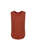 A sleeveless blouse in a rich rust colour featuring pleat detail along the neckline. It has a smooth, flowing cut.