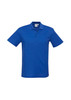A blue polo shirt featuring a collar and short sleeves, with a logo on the chest area.