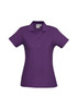 A purple ladies' polo shirt featuring a collar and buttoned placket, with a logo on the chest.