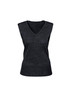 A dark grey women's vest featuring a V-neck design and sleeveless cut, with a logo on the product.