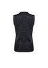 A sleeveless dark grey women's vest with a textured design and a back view. Features a branding logo.