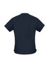 A navy blue women's scrub top with short sleeves and a back view. It features a logo on the back.