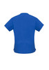 A blue classic women's scrub top with a simple design and short sleeves, featuring a logo on the back.