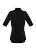 A black women's tunic featuring short sleeves and a tailored back design. It includes a logo on the fabric.