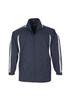 A navy jacket featuring white stripes on the sleeves and a zip-up front. It has a logo on the chest.