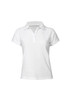 A white women's short sleeve polo shirt with a collar and rolled sleeves, featuring a logo.