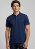 A navy blue men's short sleeve polo shirt features a classic collar and a logo.