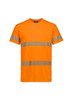 An orange cotton T-shirt with reflective segmented tape stripes and a logo. Suitable for workwear.