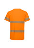 An orange hi-vis segmented tape cotton T-shirt featuring reflective stripes. The shirt has a logo on it.