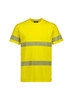 A bright yellow cotton tee shirt with segmented reflective tape across the chest and sleeves, featuring a logo.