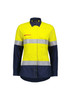 A lightweight, long-sleeve work shirt in fluorescent yellow and navy with reflective tape and a logo.