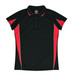 A black polo shirt with red accents and a logo on the collar. Features a classic button-up design.