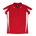 A red polo shirt with white side panels and a collar, featuring short sleeves and a logo.