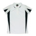 A white polo shirt with black side panels and a collar. Features logo branding on the front.