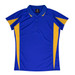A royal blue polo shirt with yellow accents and a collar, featuring logo branding.