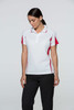 A polo shirt in white with red accents, featuring a collar and short sleeves. It has a logo on the chest.
