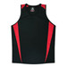 A black singlet with red panels, featuring a v-neck design and a logo on the label.