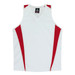 A white singlet with red accents and a logo, featuring a v-neck design.