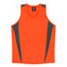 An orange singlet with grey side panels, featuring a logo at the neckline.