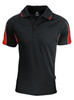 A black polo shirt with red accents and a logo, featuring a classic collar and short sleeves.