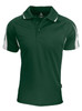 A dark green polo shirt with white accents and a logo on the upper chest. Short sleeves and a classic collar design.