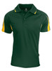 A green polo shirt with yellow accents and a logo, featuring a classic collar and button placket.