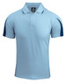 Light blue polo shirt with navy blue accents and a logo on the chest. Short sleeves and a collar design.
