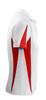 A white polo shirt with red accents and a branding logo on the side.