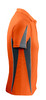 An orange polo shirt featuring grey highlights and a logo on the chest, displayed from the side.
