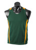 A green singlet featuring orange accents, displayed on a black mannequin. It has a logo on the front.