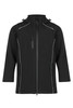 A black jacket with a zippered front, two side pockets, and reflective detailing. It features a hood and branding.