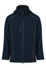 A navy soft shell jacket featuring a zippered front and two side pockets, with an attached hood and branding.