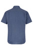 A short sleeve, button-up shirt in a blue, textured fabric, featuring a classic collar and a branded logo.