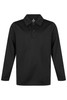 A black long-sleeve polo shirt with a collar and three buttons, featuring a logo at the neck.