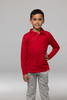 A red polo shirt designed for kids, featured on a young boy standing with a neutral background.