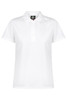 A white polo shirt with a collar and buttons, featuring a logo on the chest.