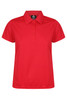 A red polo shirt featuring a collar and three buttons, with a logo on the chest area.