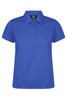 A blue polo shirt with a collar and three buttons, featuring a logo on the tag inside.