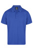 A blue men's polo shirt with a collar and three buttons, featuring a branding logo.