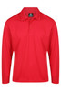 A red long-sleeve polo shirt featuring a three-button placket and a logo.