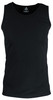 A black men's singlet with a round neckline, featuring a tag at the back and smooth fabric.