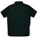 A dark green polo shirt with short sleeves features a white side panel and a collar. It has a logo on it.