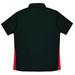 A dark green polo shirt with red side panels and a collar, featuring a logo on the back.