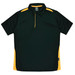 A black polo shirt with yellow accents, featuring a collar and three buttons, along with a logo.