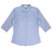 A button-up shirt featuring a blue and white gingham pattern with 3/4 sleeves and a collar. It has a logo.