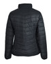 A black puffer jacket featuring a quilted design and a high collar, with no visible branding on the back.