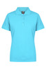 A turquoise polo shirt with a collar and three-button placket, featuring a logo on the upper left side.
