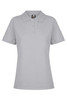 A grey polo shirt with a collar and three-button placket, featuring a logo on the label.