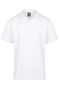 A white polo shirt featuring a collar and a placket, with a branding logo on the label.